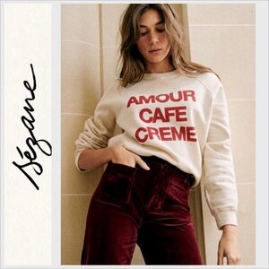 Sezane Amour Cafe Creme Sweatshirt Ivory Red Small